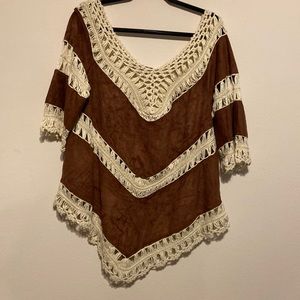 Gee Gee Faux Suede Crochet Brown Tunic Hippie Boho Festival Women’s Large NEW